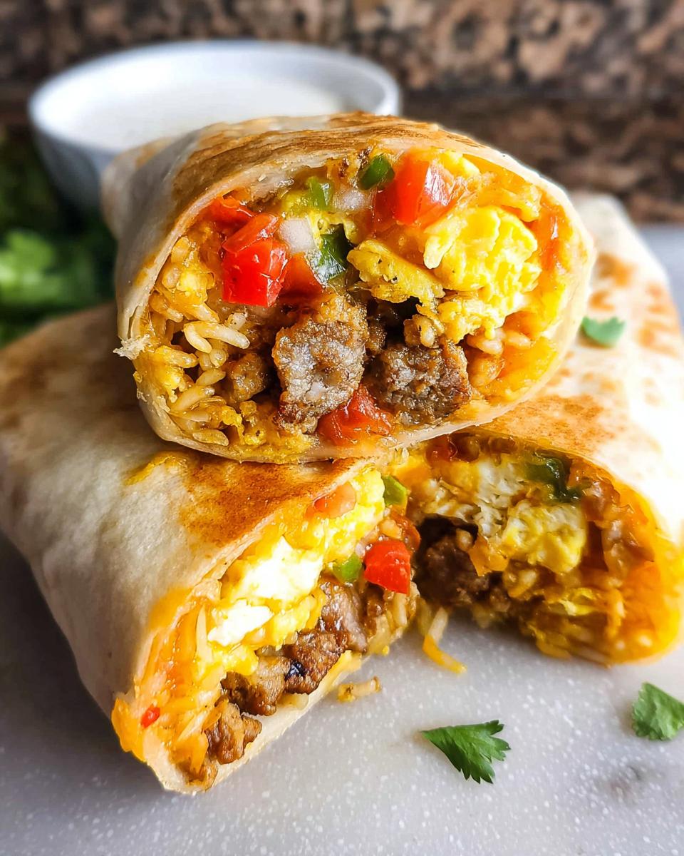 Close-up of a cut breakfast burrito filled with scrambled eggs, sausage, rice, and vegetables, showcasing its tasty contents.