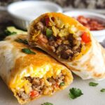 Close-up of two halves of a tasty freezer breakfast burrito filled with sausage, scrambled eggs, rice, and vegetables.