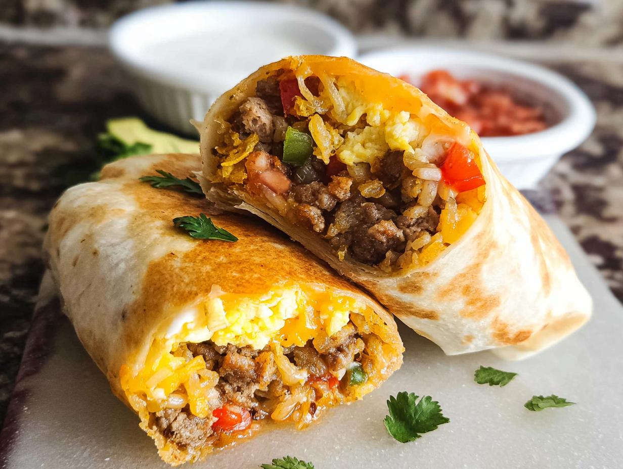 Close-up of two halves of a tasty freezer breakfast burrito filled with sausage, scrambled eggs, rice, and vegetables.
