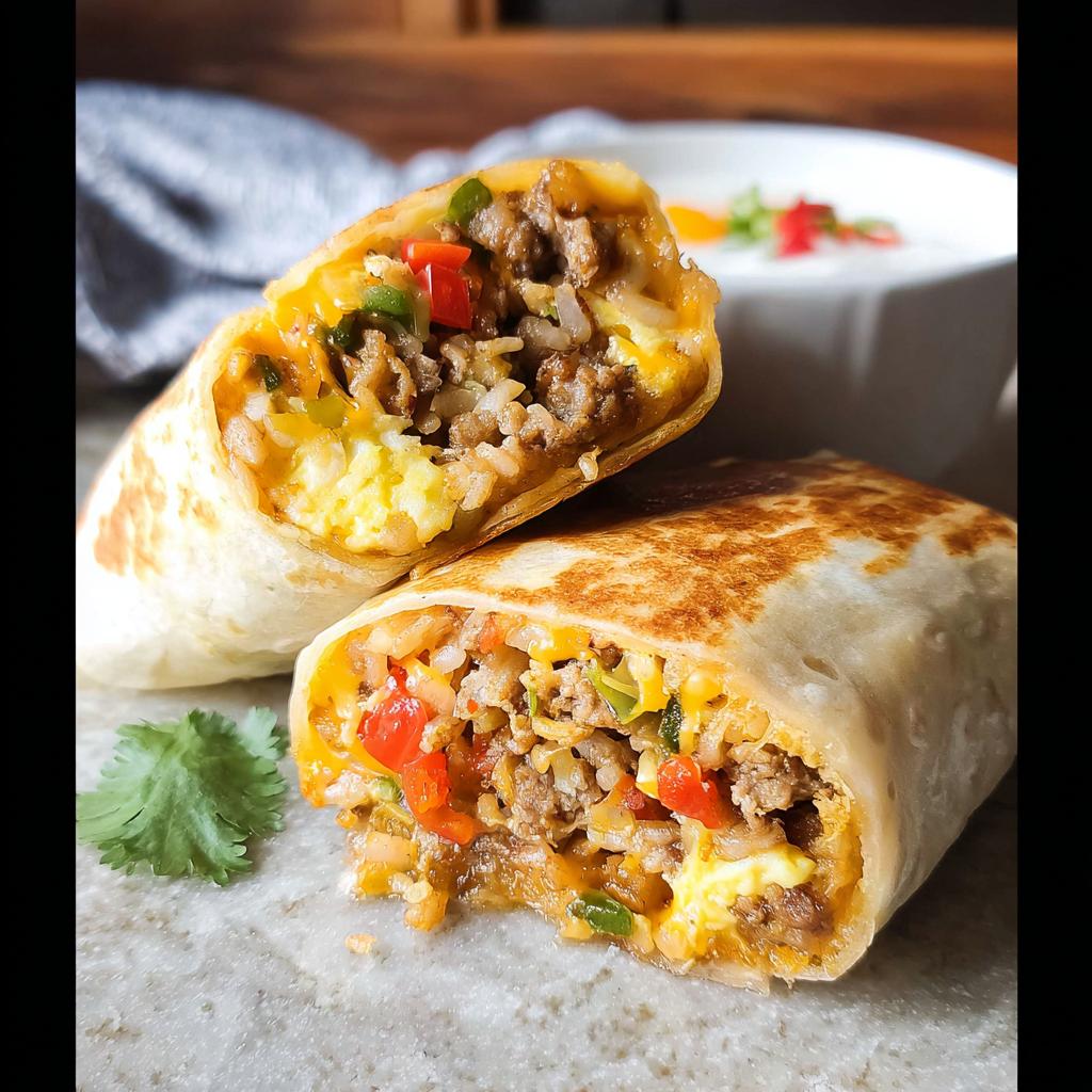 Close-up of a tasty freezer breakfast burrito cut in half, revealing scrambled eggs, rice, sausage, and peppers.