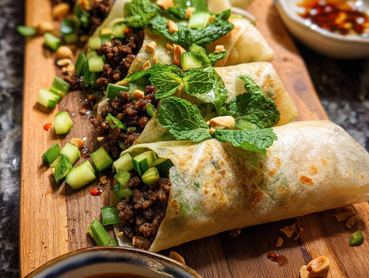 Close-up of delicious Thai Basil Beef Rolls filled with seasoned ground beef, cucumber, and mint, garnished with peanuts.