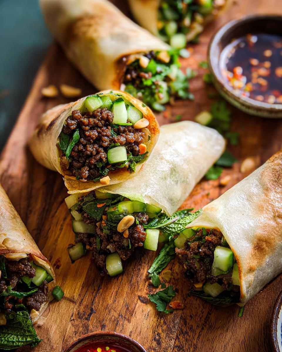 Close-up of Thai Basil Beef Rolls filled with seasoned ground beef, fresh cucumber, herbs, and peanuts, served with dipping sauce.