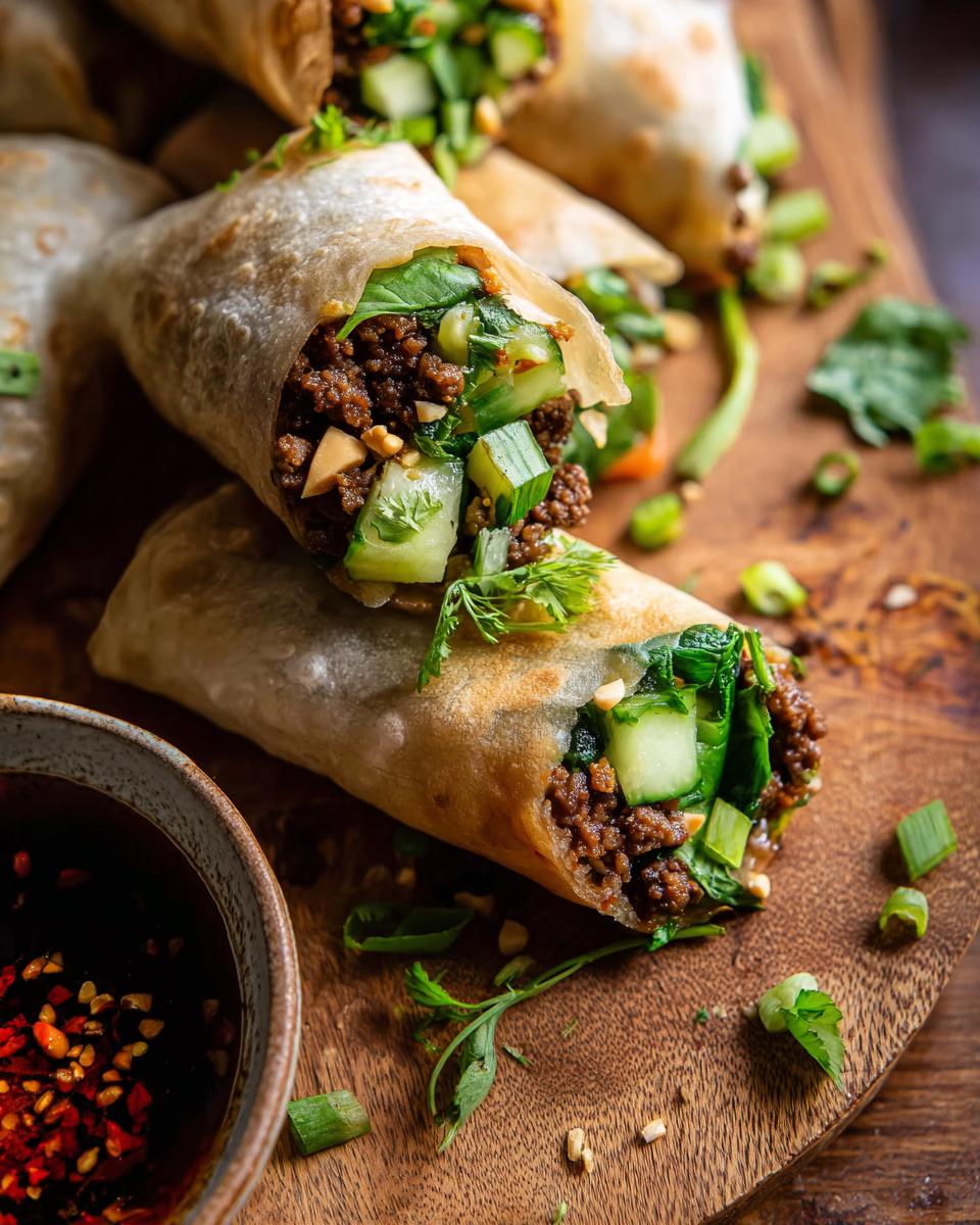 Close-up of delicious Thai Basil Beef Rolls filled with ground beef, cucumber, and greens, served with dipping sauce.