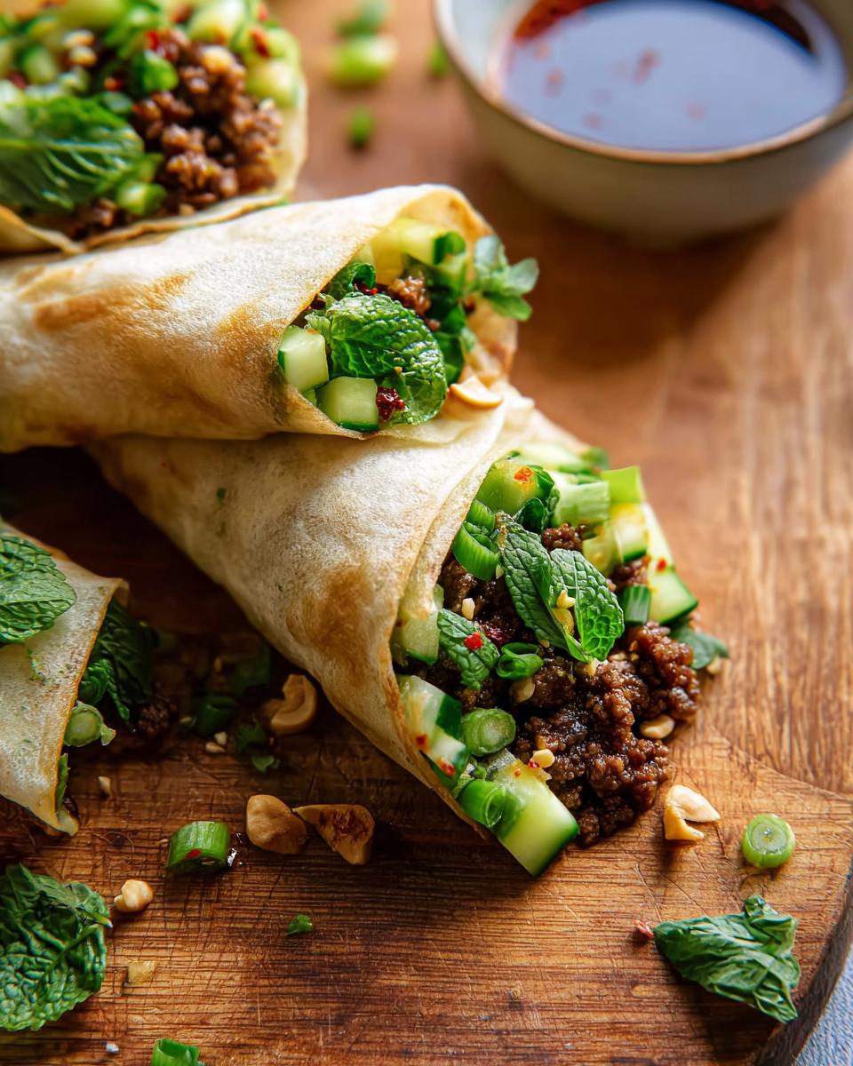 Close-up of delicious Thai Basil Beef Rolls filled with seasoned ground beef, fresh cucumber, mint, and green onions.