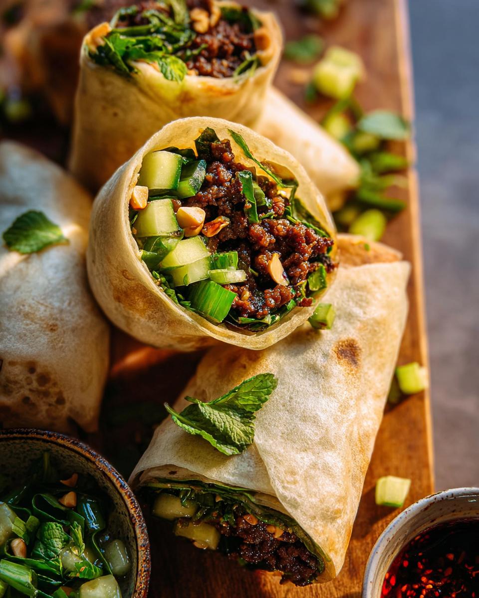 Close-up of delicious Thai Basil Beef Rolls filled with seasoned beef, cucumber, and herbs.