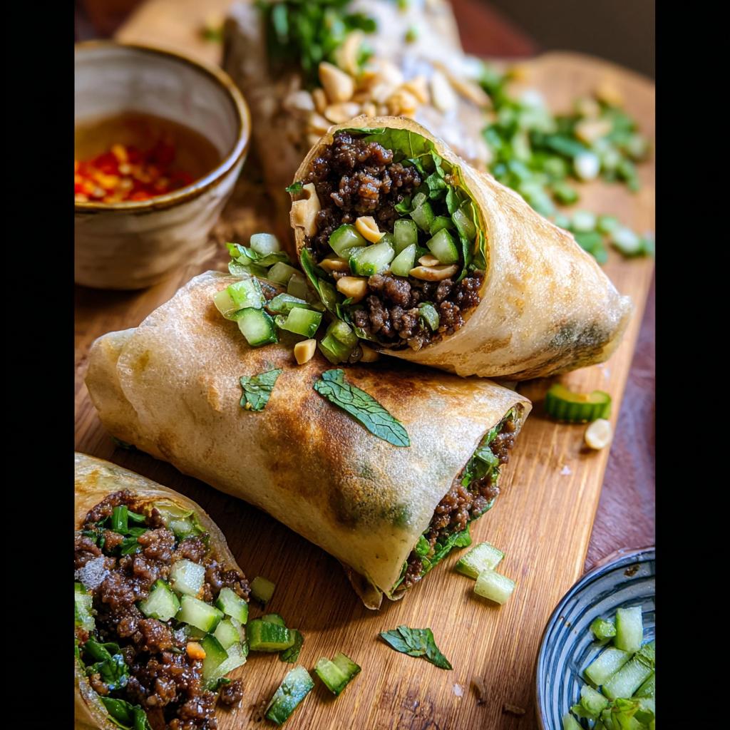 Close-up of delicious Thai Basil Beef Rolls filled with seasoned ground beef, fresh cucumber, and herbs, topped with peanuts.