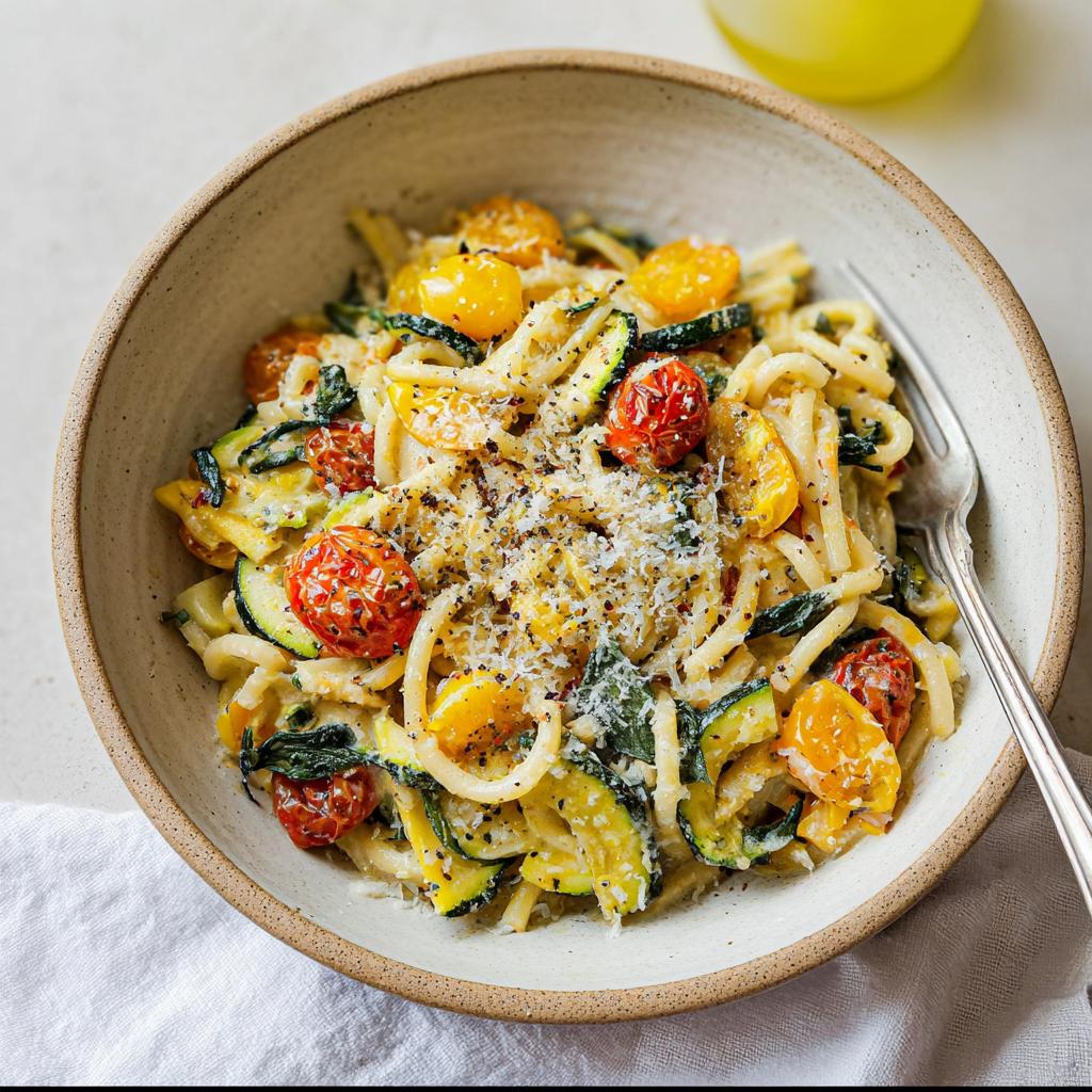 A close-up of a bowl of Tomato Zucchini Pasta, topped with grated Parmesan cheese and cracked black pepper.