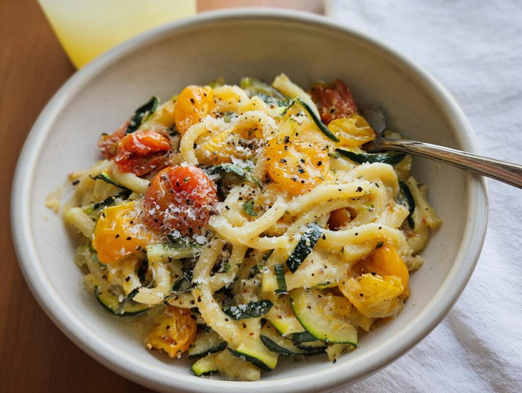 A bowl of delicious Tomato Zucchini Pasta, featuring fresh cherry tomatoes, sliced zucchini, and pasta in a creamy sauce, topped with grated cheese and black pepper.