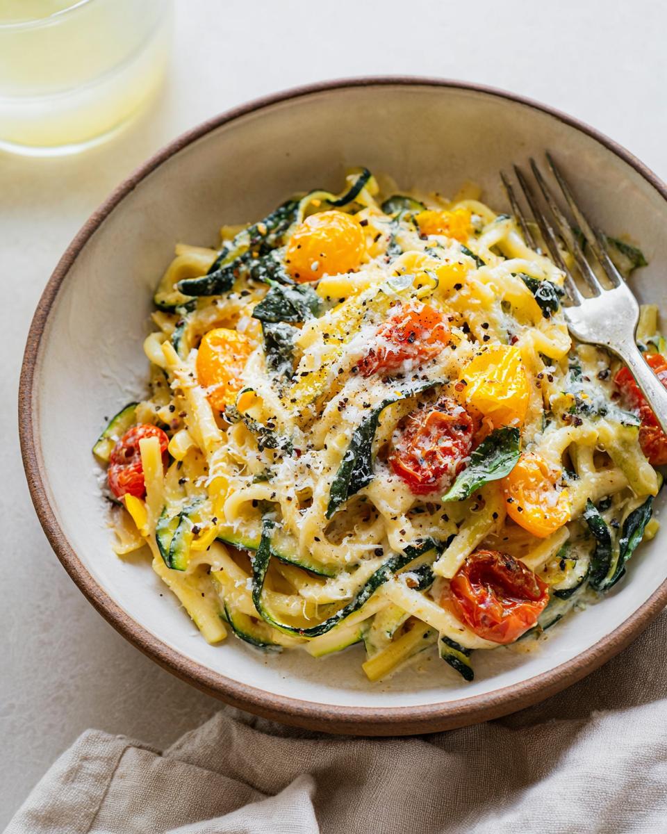 A close-up of a bowl of Tomato Zucchini Pasta, featuring ribbons of zucchini, cherry tomatoes, and pasta in a creamy sauce, topped with grated cheese.