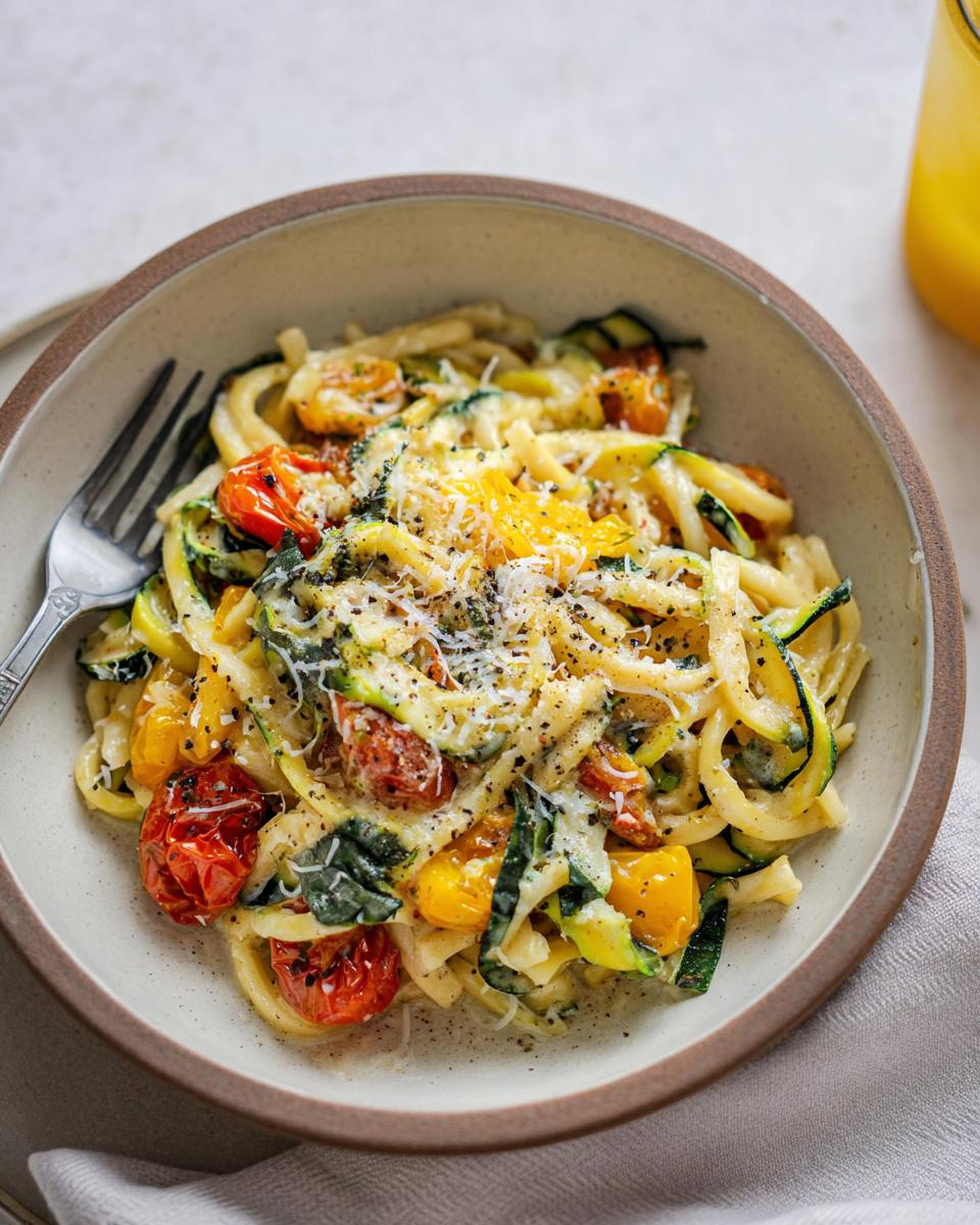 A close-up of a bowl filled with Tomato Zucchini Pasta, featuring spiralized zucchini, cherry tomatoes, and grated cheese.