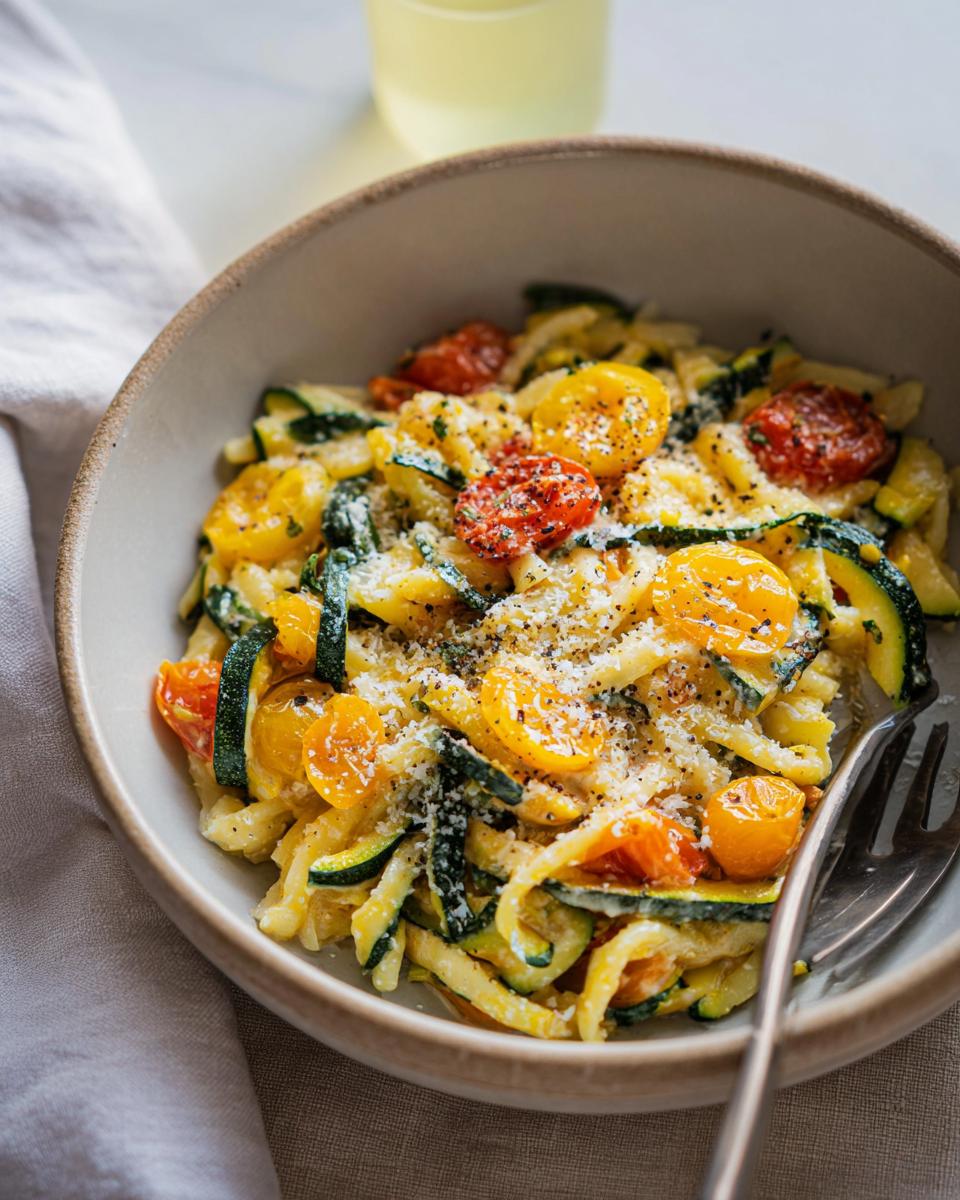 A close-up of a bowl filled with vibrant Tomato Zucchini Pasta, featuring cherry tomatoes, zucchini noodles, and grated cheese.