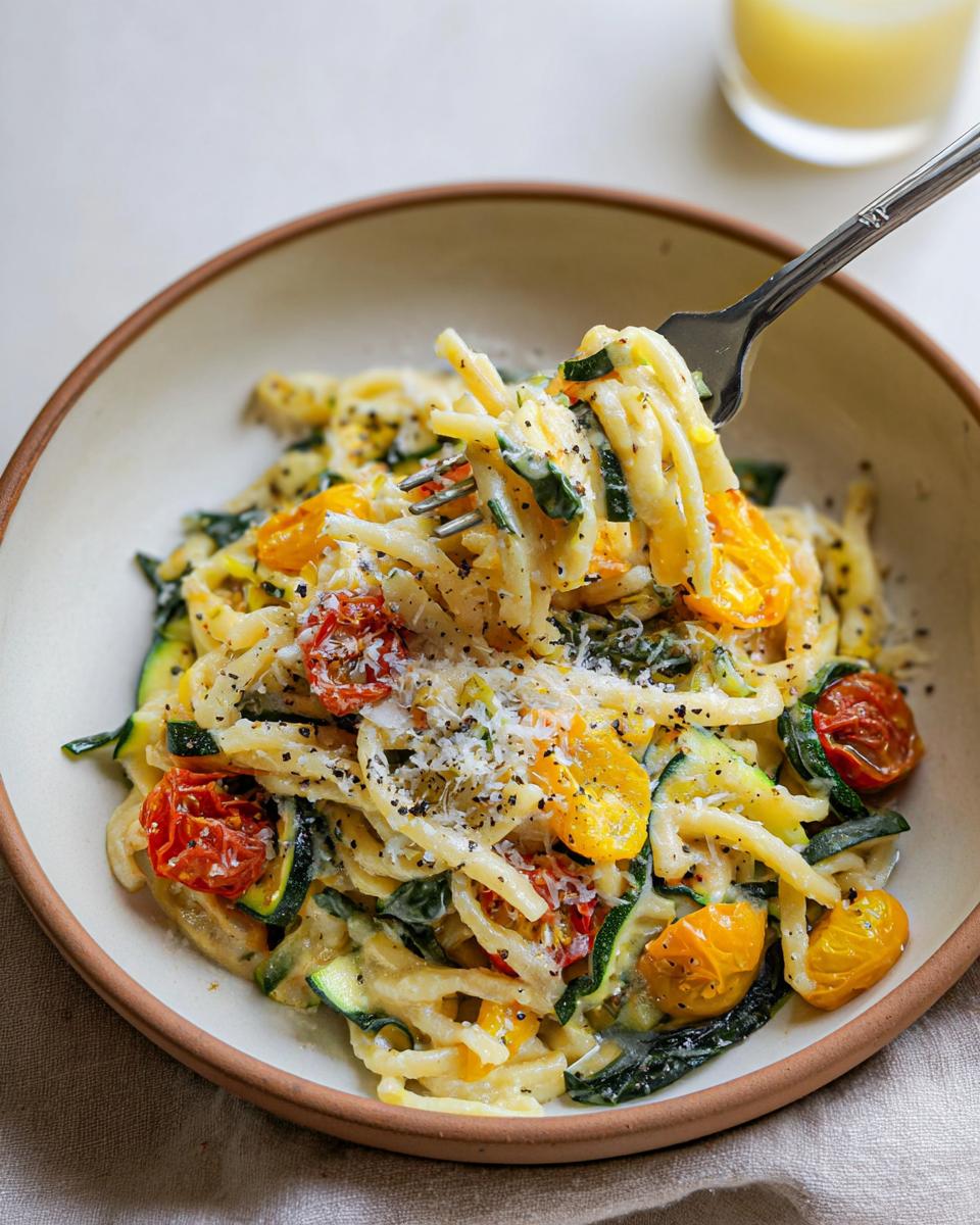 A fork twirls a serving of creamy Tomato Zucchini Pasta, showcasing cherry tomatoes, zucchini slices, and fresh herbs.