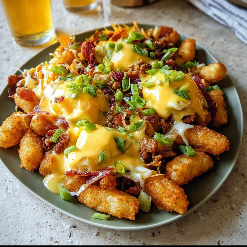 A plate of Ultimate Breakfast Poutine topped with creamy hollandaise sauce, bacon, and green onions.
