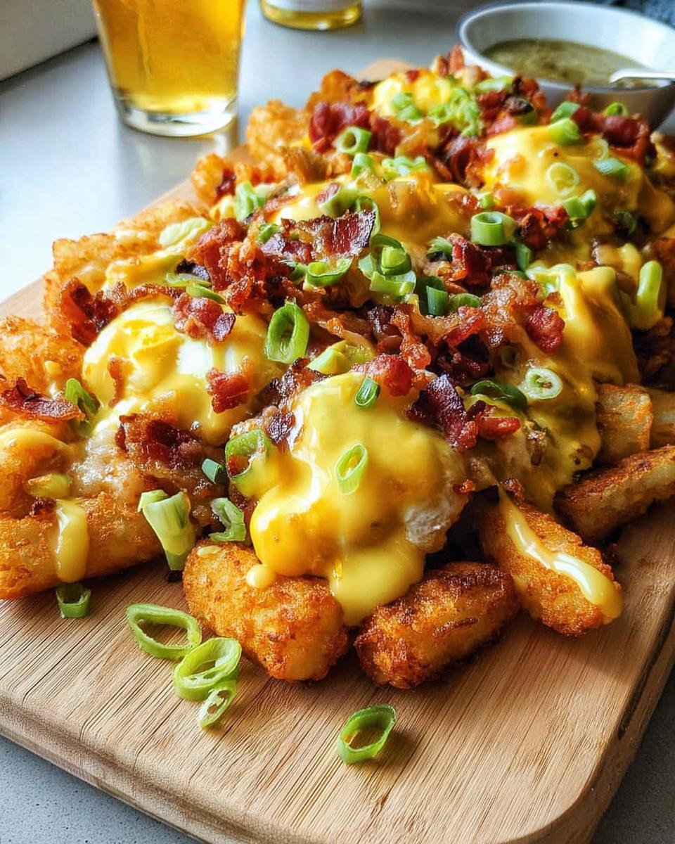 Close-up of Ultimate Breakfast Poutine with crispy tater tots, fried eggs, bacon, melted cheese, and green onions.