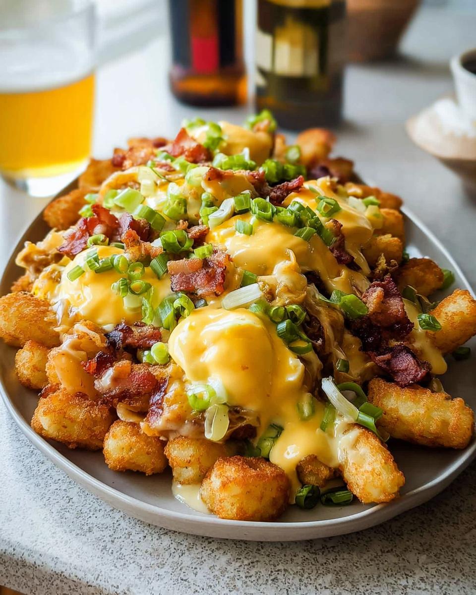 A close-up of Ultimate Breakfast Poutine topped with creamy hollandaise sauce, bacon, and green onions.