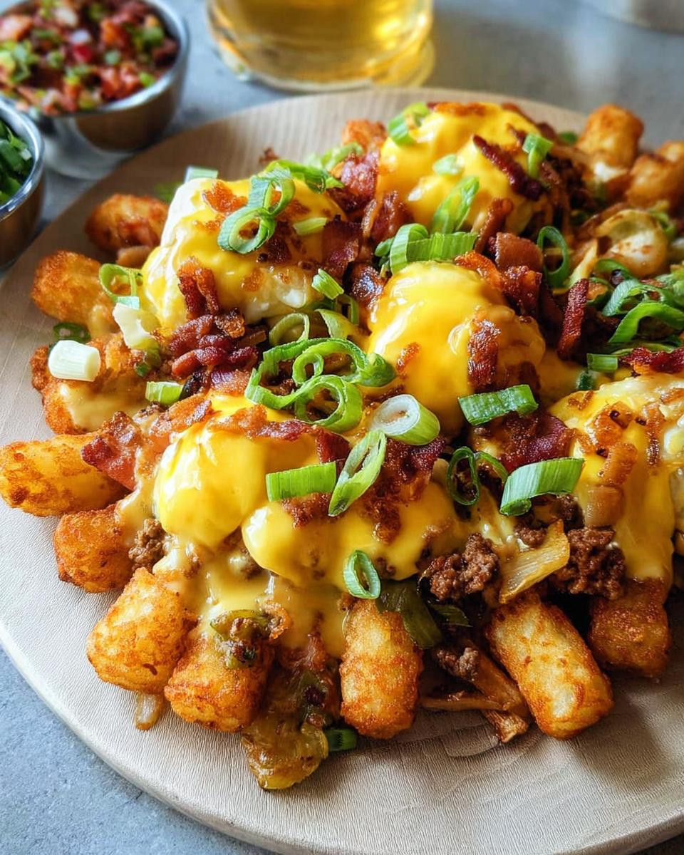 A close-up of Ultimate Breakfast Poutine featuring crispy tater tots, poached eggs, bacon, and creamy hollandaise sauce, topped with green onions.