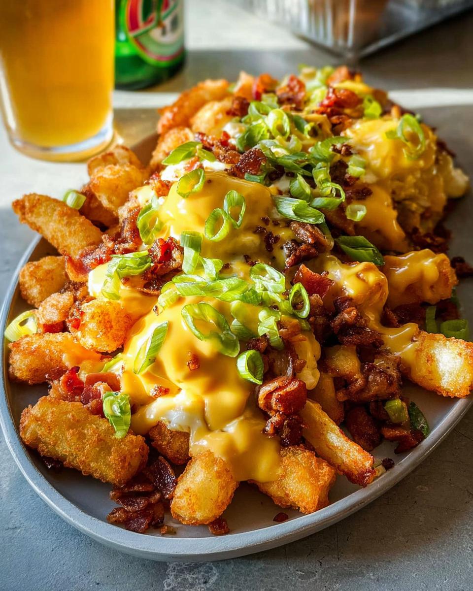 A plate of Ultimate Breakfast Poutine with crispy tater tots, creamy hollandaise sauce, bacon bits, and green onions.