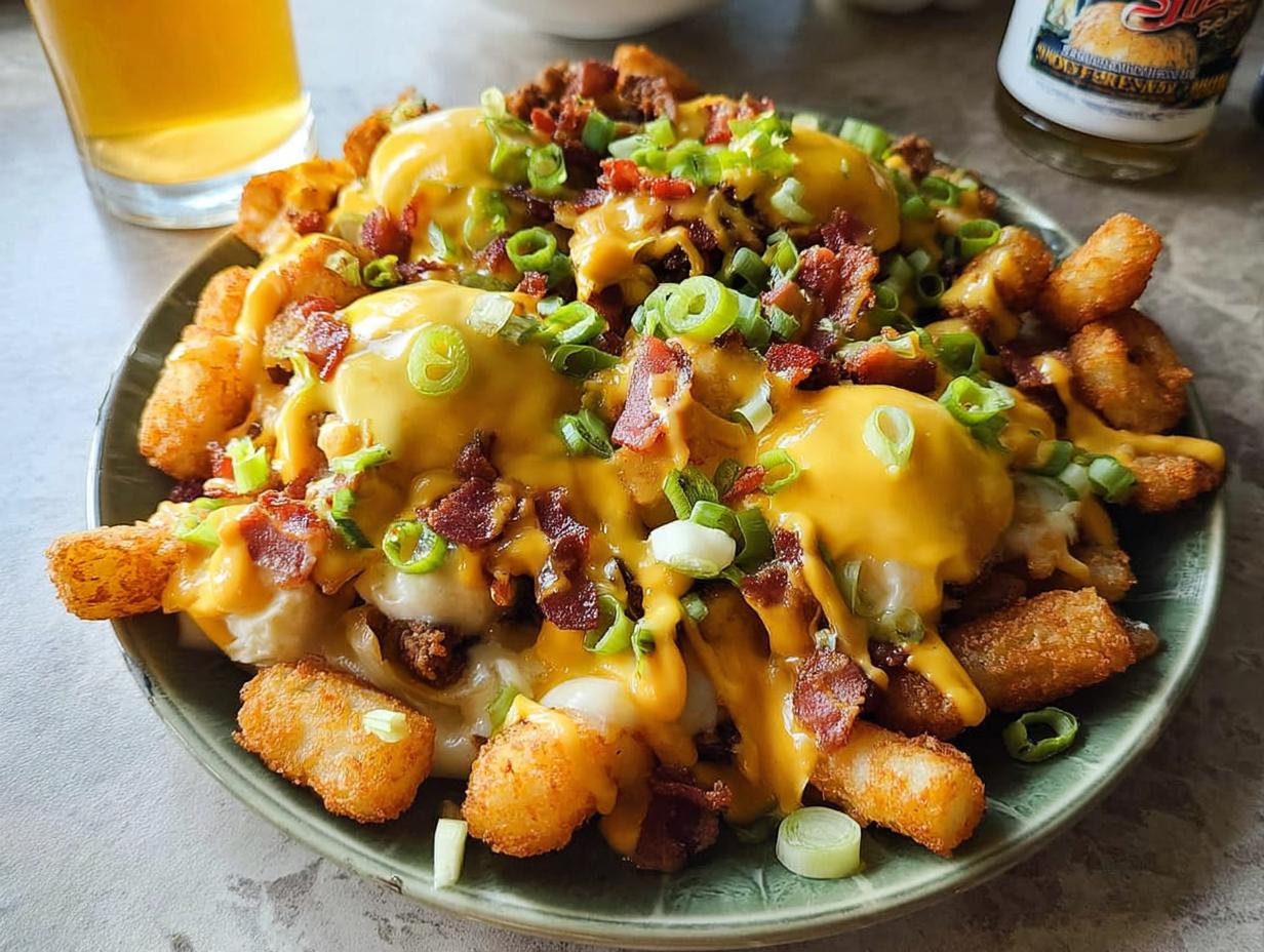 A plate of Ultimate Breakfast Poutine topped with creamy hollandaise sauce, bacon, and green onions.