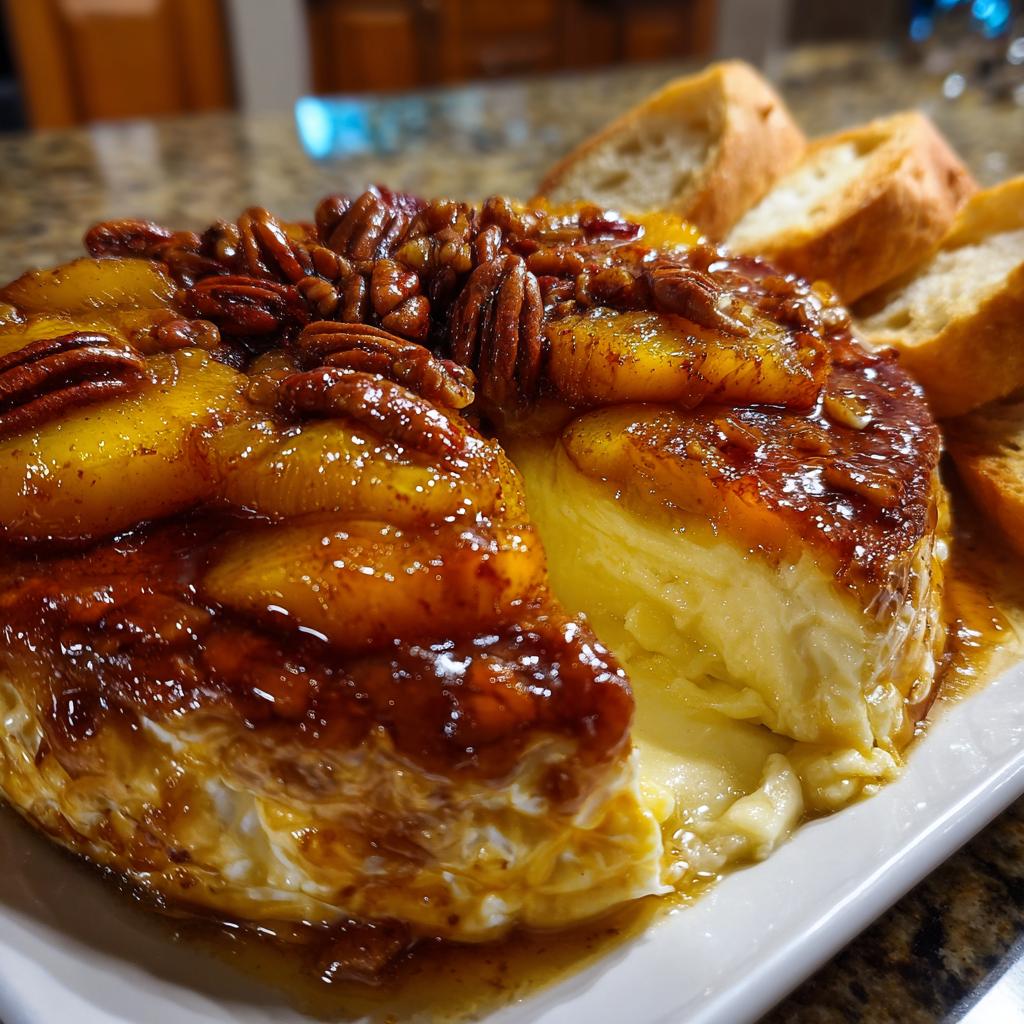 A warm, gooey baked brie topped with caramelized peaches and toasted pecans, served with baguette slices.