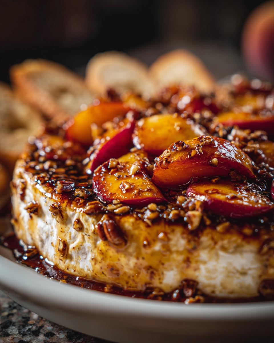 Close-up of baked brie topped with glazed peaches and toasted pecans, served with toasted bread slices.