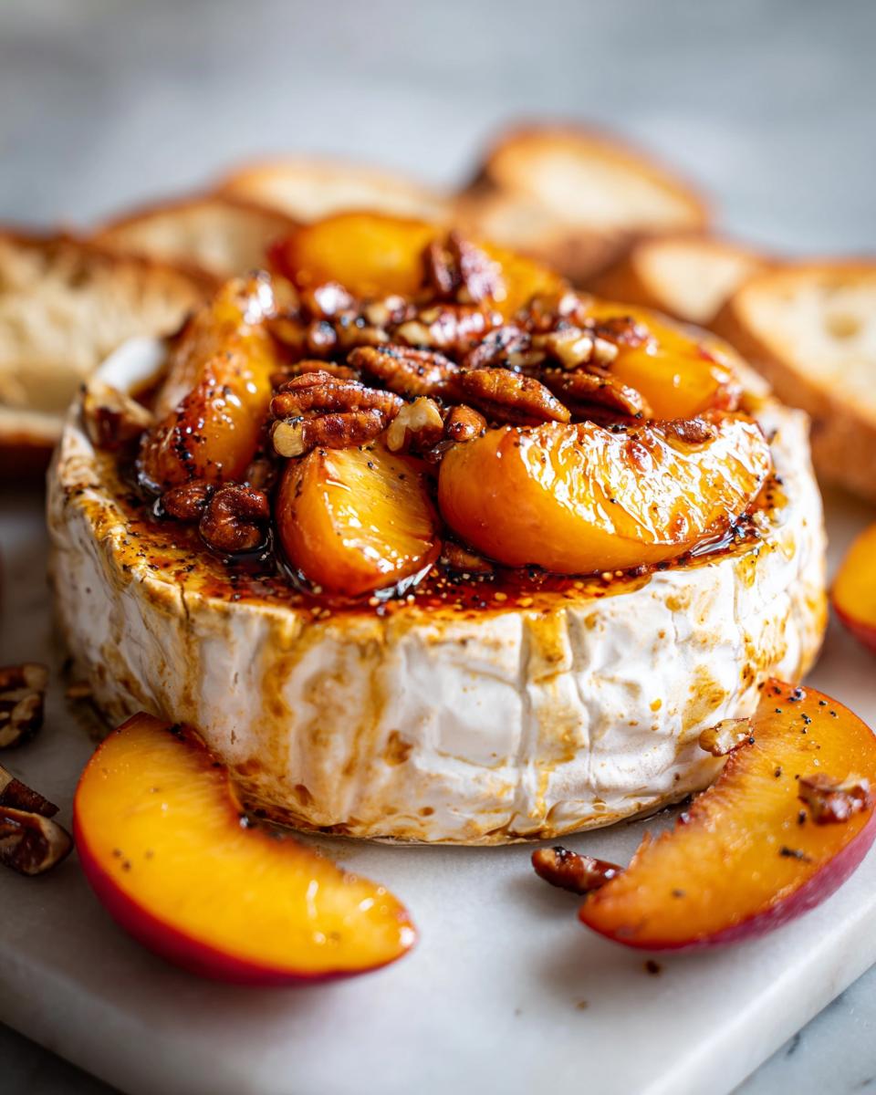 Close-up of baked brie topped with glistening peaches and toasted pecans, served with toasted bread.
