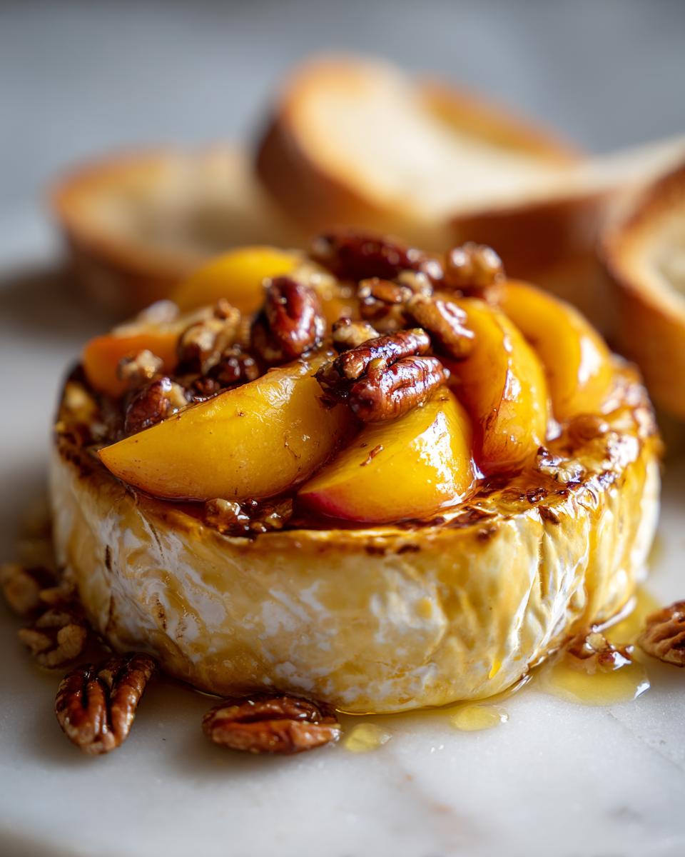 Close-up of baked brie topped with sliced peaches and toasted pecans, drizzled with honey.