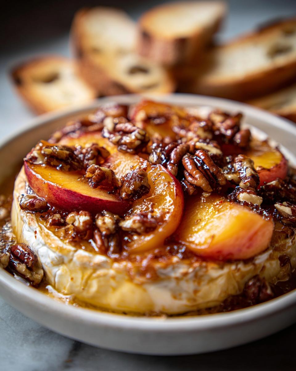 Close-up of baked brie topped with sliced peaches, toasted pecans, and a glossy glaze, served with toasted baguette slices.