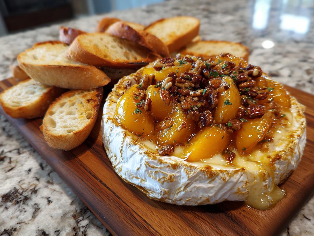 Close-up of baked brie topped with sliced peaches, toasted pecans, and herbs, served with toasted baguette slices.