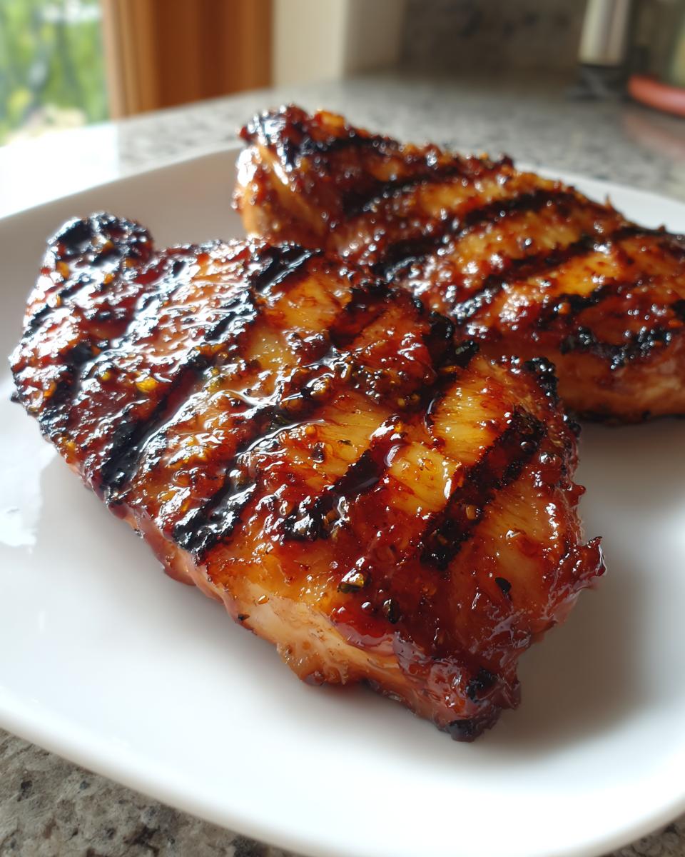 Two juicy grilled chicken breasts with BBQ pineapple glaze, showing prominent grill marks.