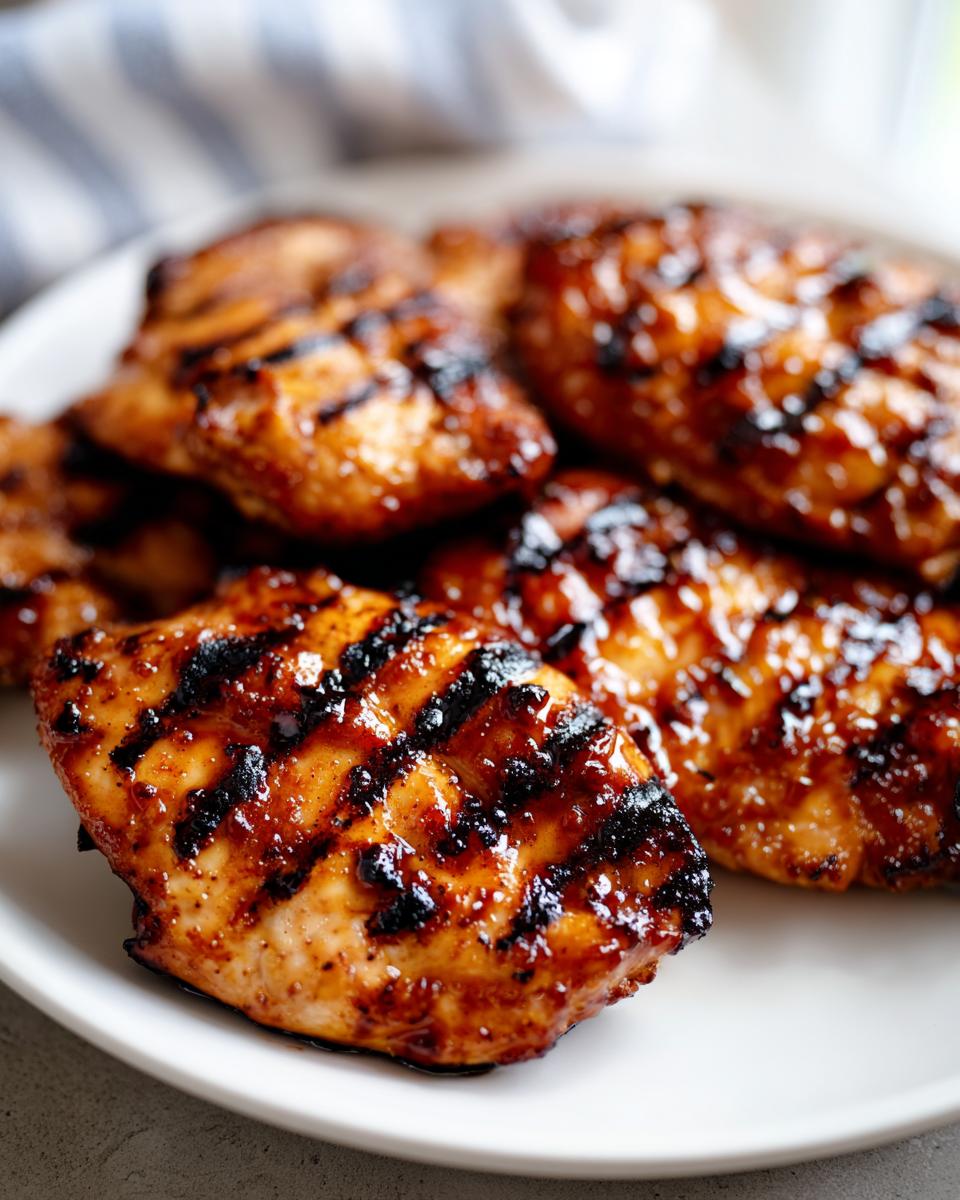 Close-up of juicy, grilled BBQ Pineapple Chicken breasts with dark grill marks on a white plate.