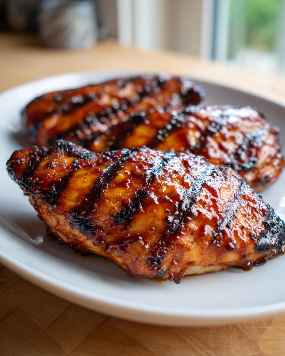 Three juicy BBQ pineapple chicken breasts with grill marks, glazed and glistening on a white plate.