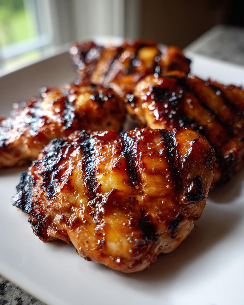 Close-up of juicy BBQ Pineapple Chicken thighs with grill marks, perfect for summer grilling recipes.