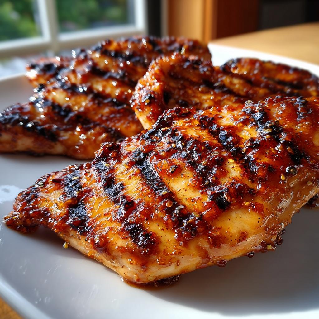 Close-up of juicy BBQ Pineapple Chicken breasts with grill marks on a white plate.