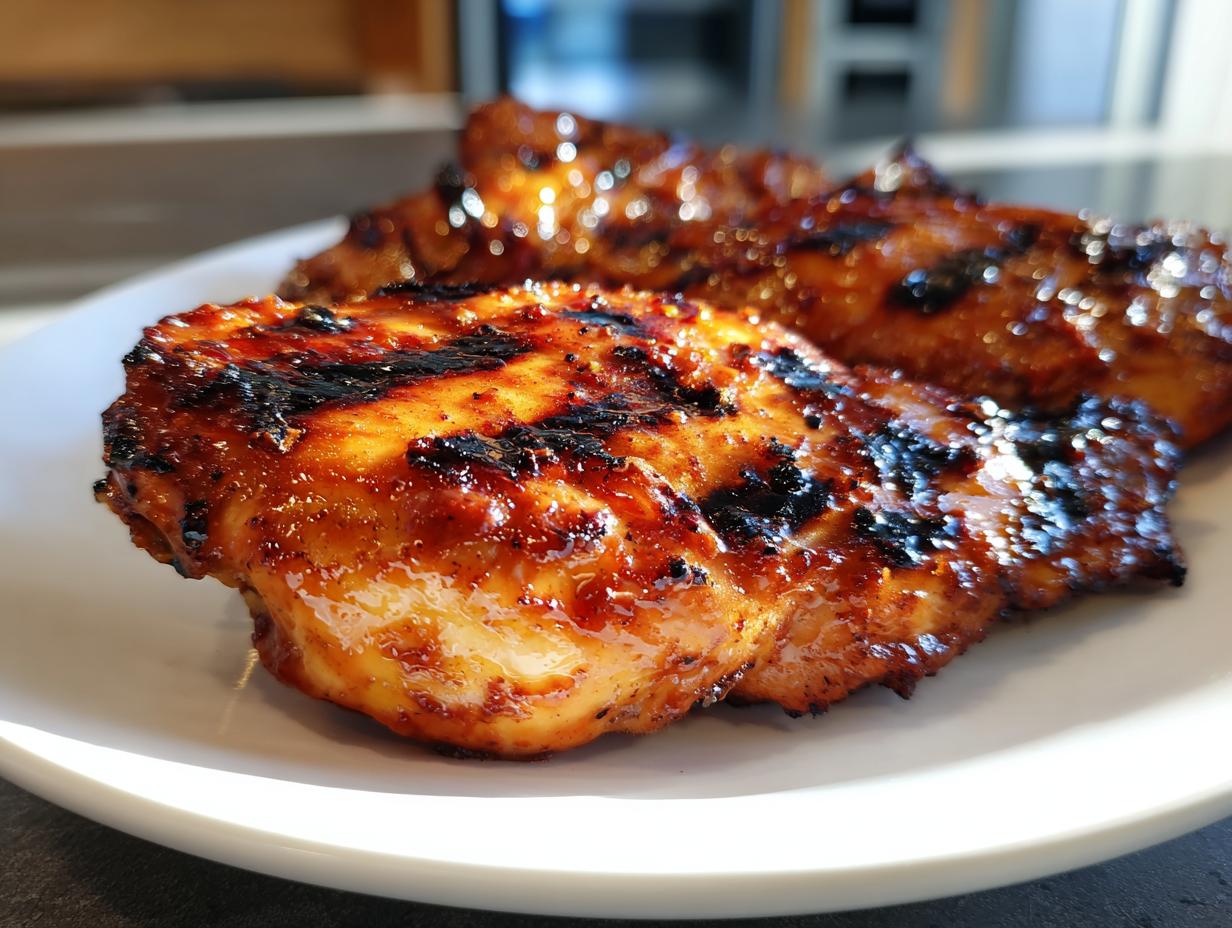 Close-up of juicy BBQ Pineapple Chicken, grilled to perfection with char marks and a glossy glaze.