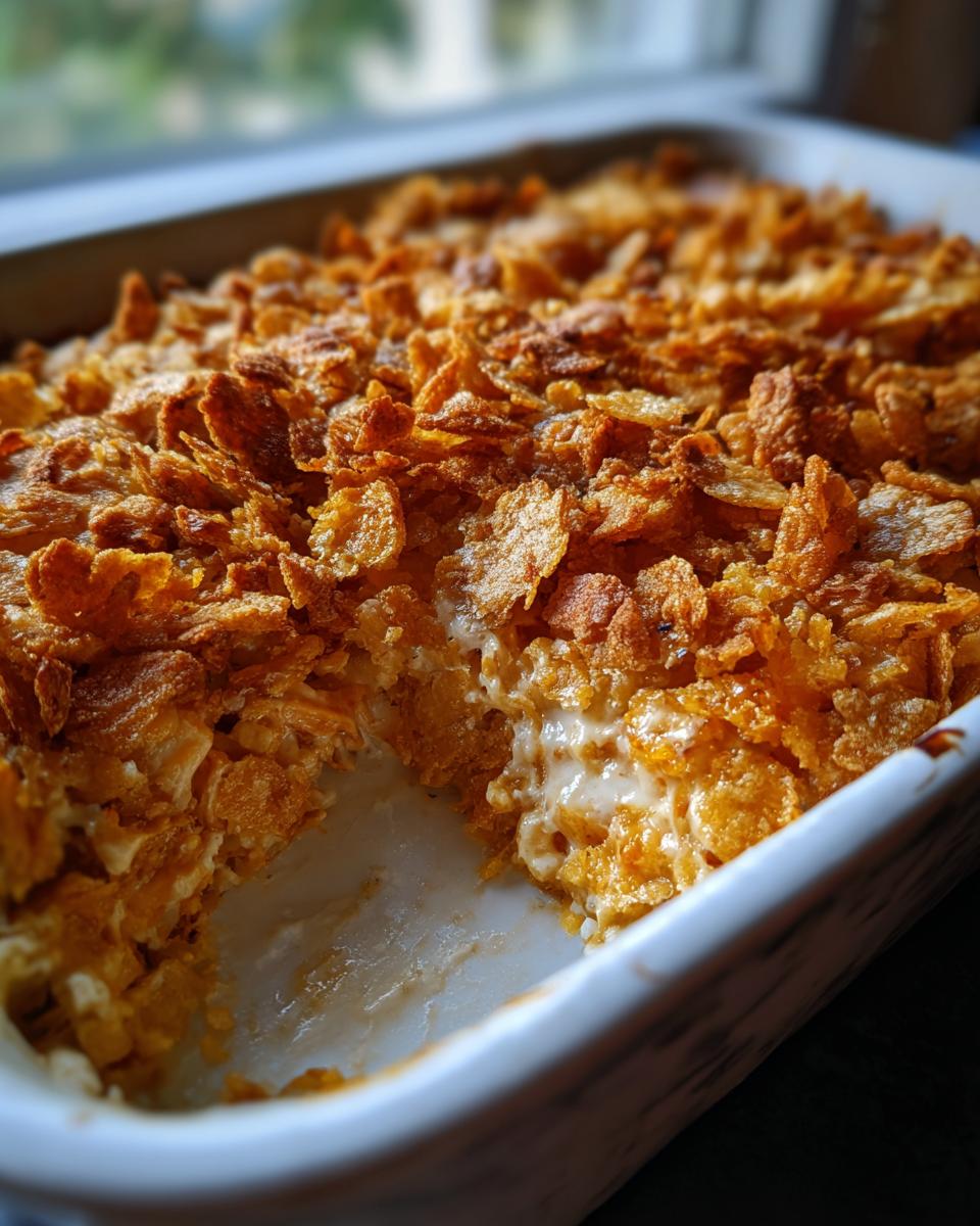 A close-up of a creamy chicken casserole topped with golden-brown crushed cornflakes in a white baking dish.