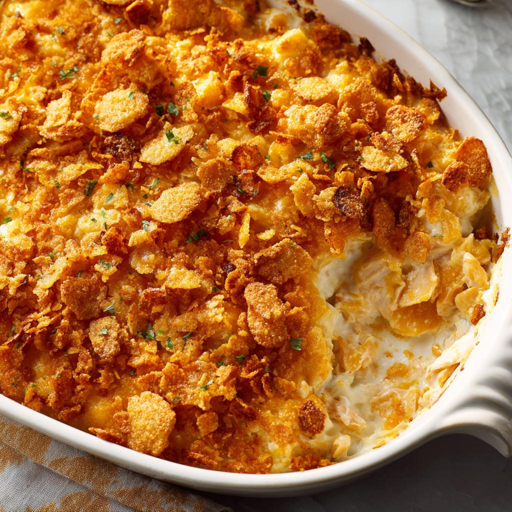 A close-up of a creamy chicken casserole with a golden, crispy cornflake topping in a white baking dish.