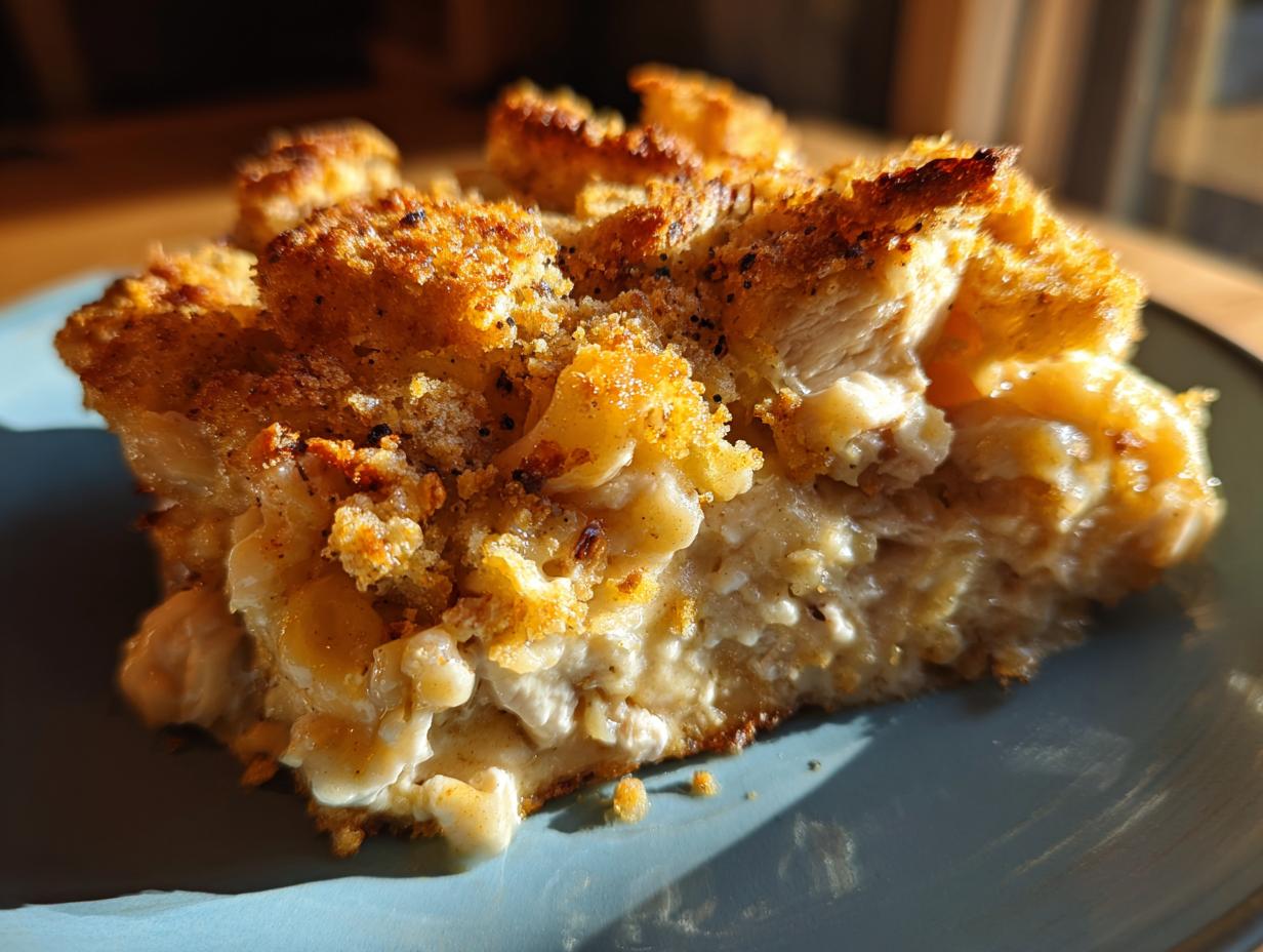 A close-up of a slice of the best chicken casserole, featuring tender chicken, creamy sauce, and a golden-brown crispy breadcrumb topping.