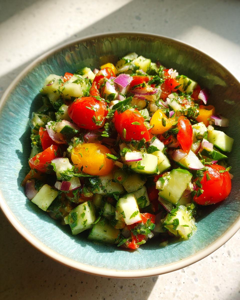 A vibrant summer salad recipe featuring chopped tomatoes, cucumber, red onion, and fresh herbs in a bowl.