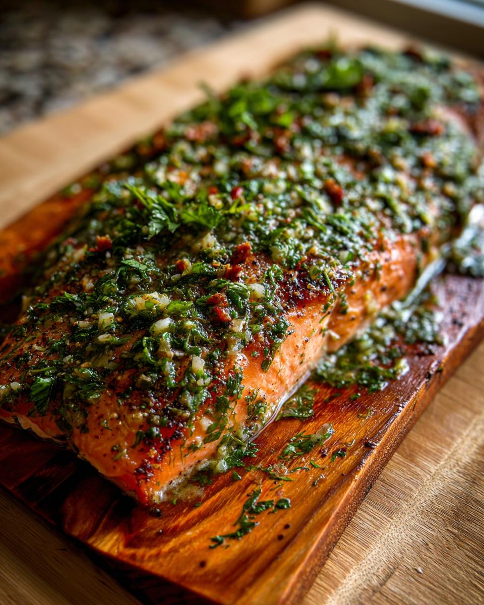 Close-up of a whole salmon fillet grilled on a cedar plank, generously topped with fresh herbs and spices.
