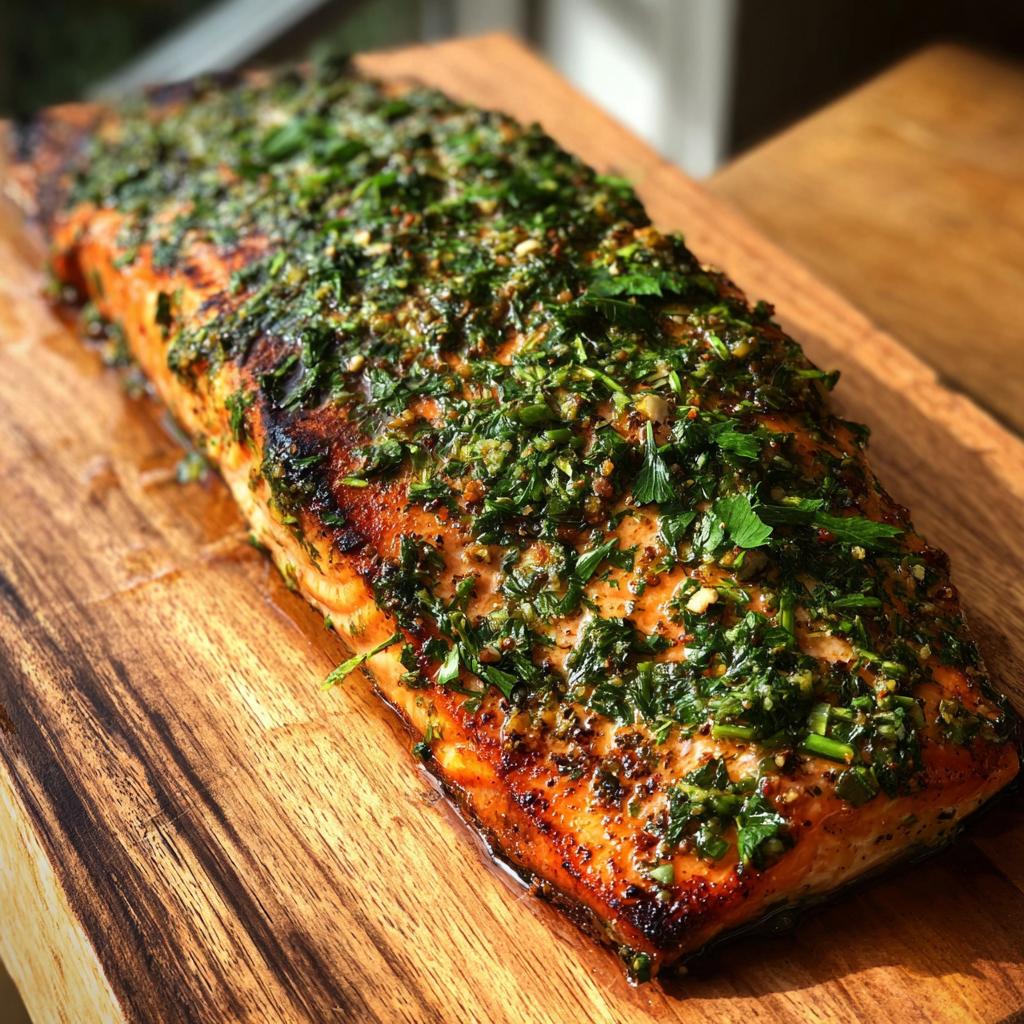 A beautifully grilled cedar plank salmon fillet generously topped with fresh herbs and spices, ready to serve.