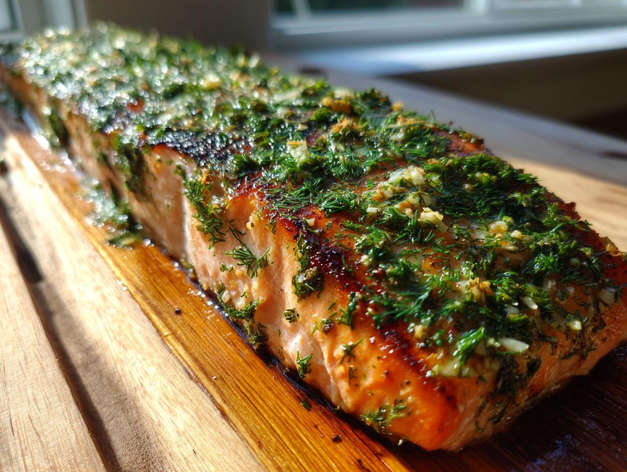 Close-up of a perfectly grilled cedar plank salmon fillet topped with fresh herbs and garlic.