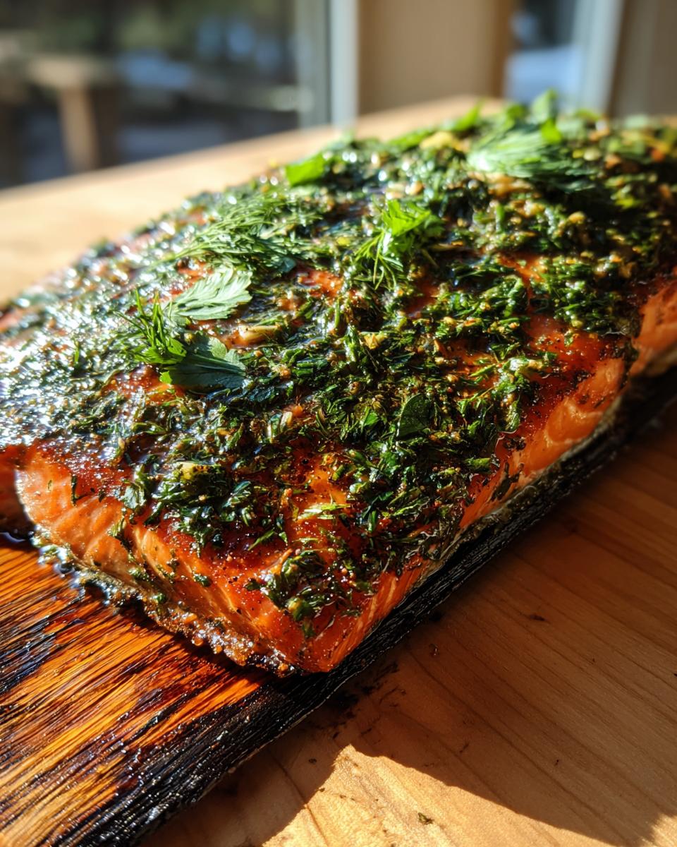 Close-up of a perfectly grilled cedar plank salmon fillet generously topped with fresh herbs.