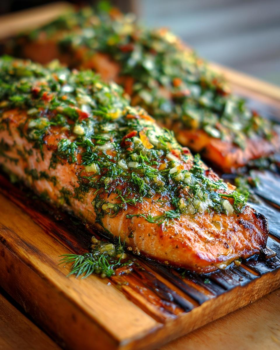 Close-up of two grilled salmon fillets on cedar planks, topped with a vibrant mixture of fresh herbs and spices.