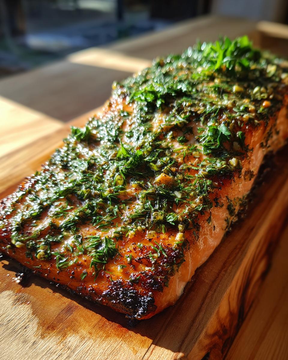 A beautifully grilled cedar plank salmon fillet topped with fresh herbs and spices, ready to serve.
