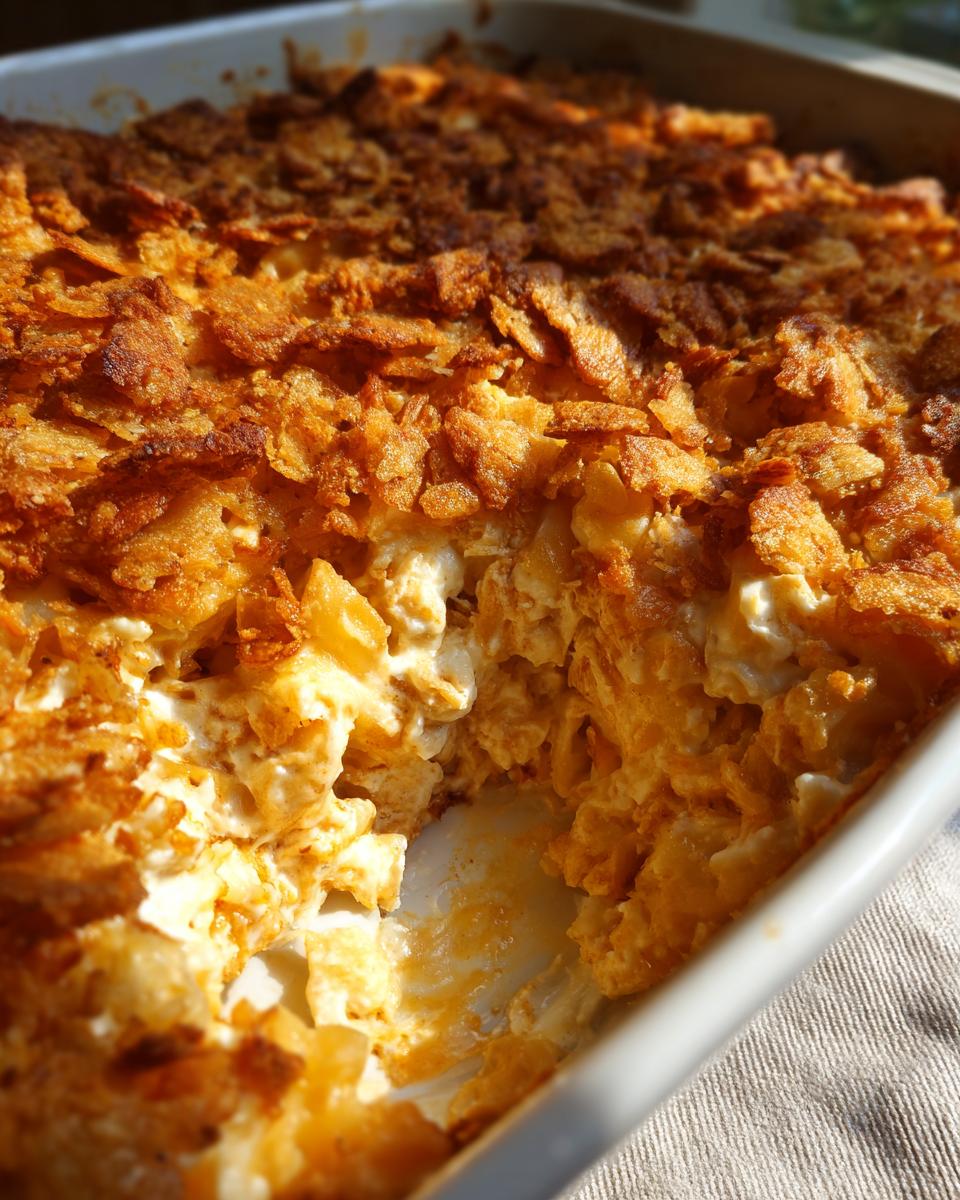 Close-up of a creamy chicken casserole with a golden-brown, crispy topping made of crushed chips.