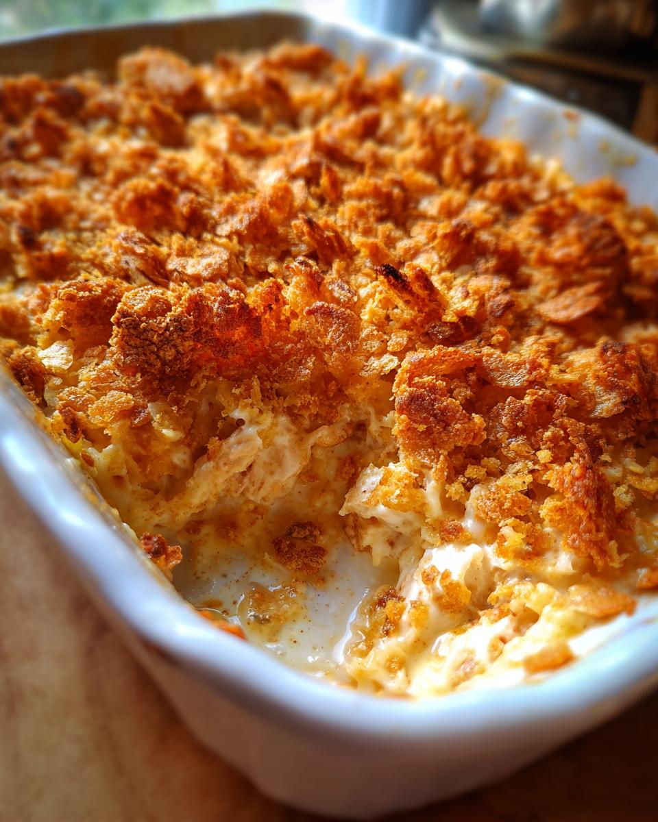 A close-up of a creamy chicken casserole with a golden, crispy topping in a white baking dish.