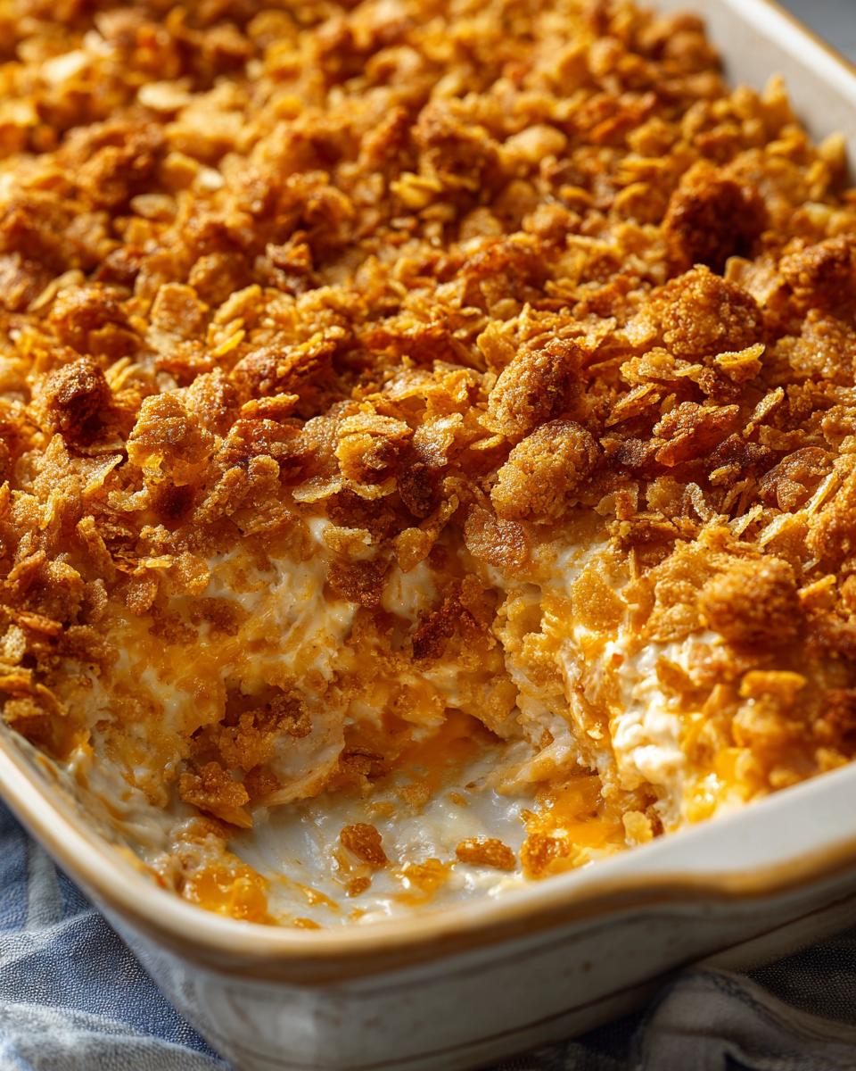 Close-up of a bubbling chicken casserole with a golden, crunchy topping made of crushed cereal.