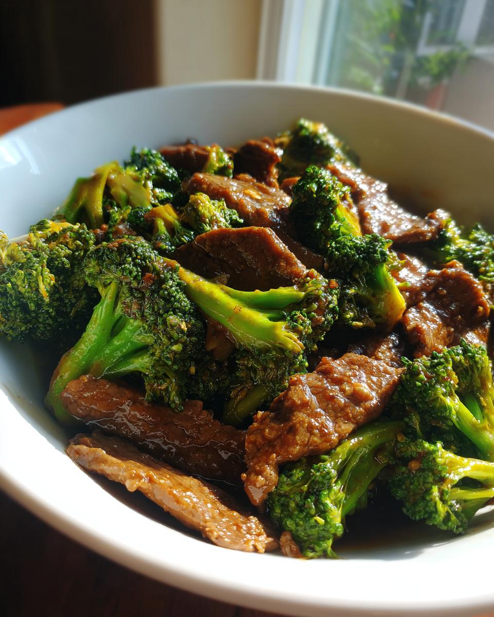 A close-up shot of a white bowl filled with delicious Chinese Beef and Broccoli, glistening with sauce.