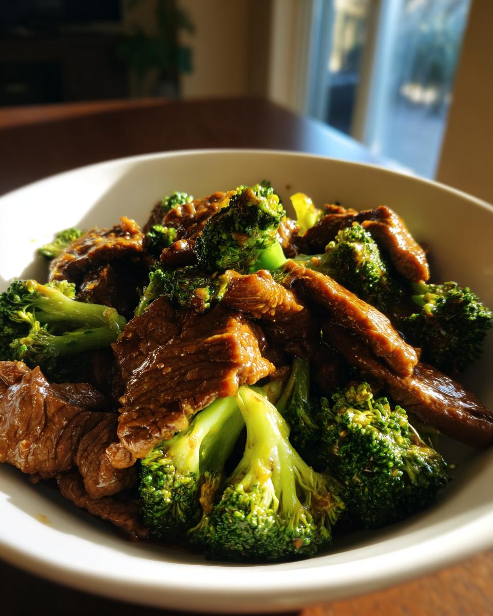 A close-up shot of a white bowl filled with glistening Chinese Beef and Broccoli.