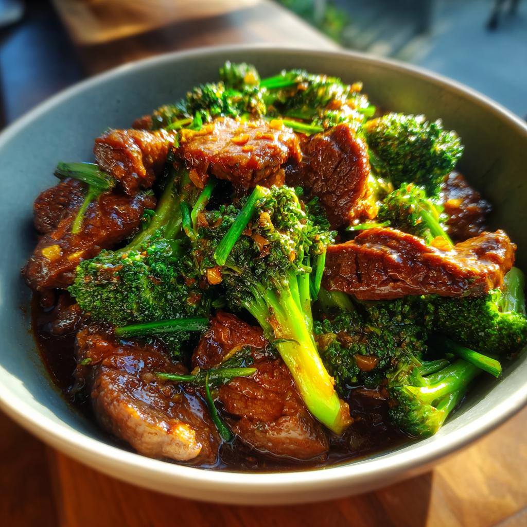 Close-up of a bowl filled with glistening Chinese Beef and Broccoli, featuring tender beef slices and vibrant green broccoli florets in a savory sauce.